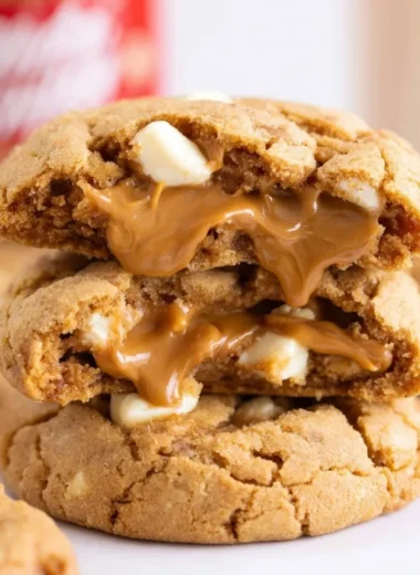 Biscoff stuffed white chocolate chip cookies on a plate