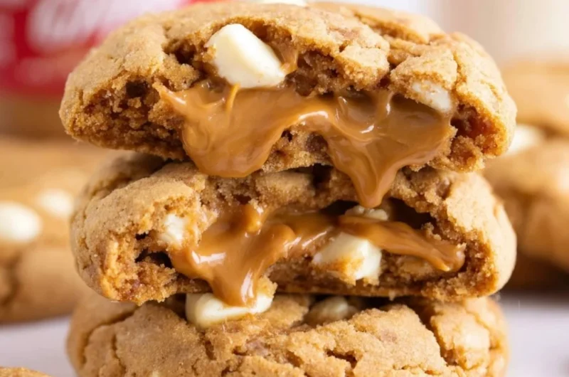 Biscoff stuffed white chocolate chip cookies on a plate