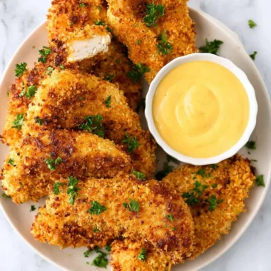 Crispy breaded air fryer chicken tenders served with dipping sauce