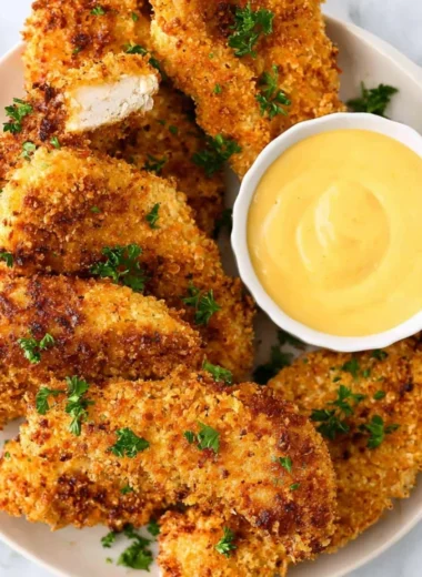 Crispy breaded air fryer chicken tenders served with dipping sauce