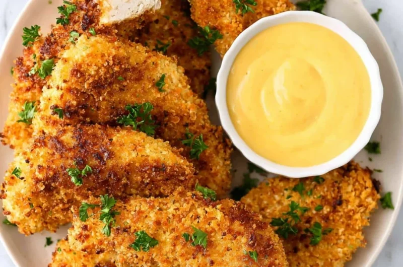 Crispy breaded air fryer chicken tenders served with dipping sauce