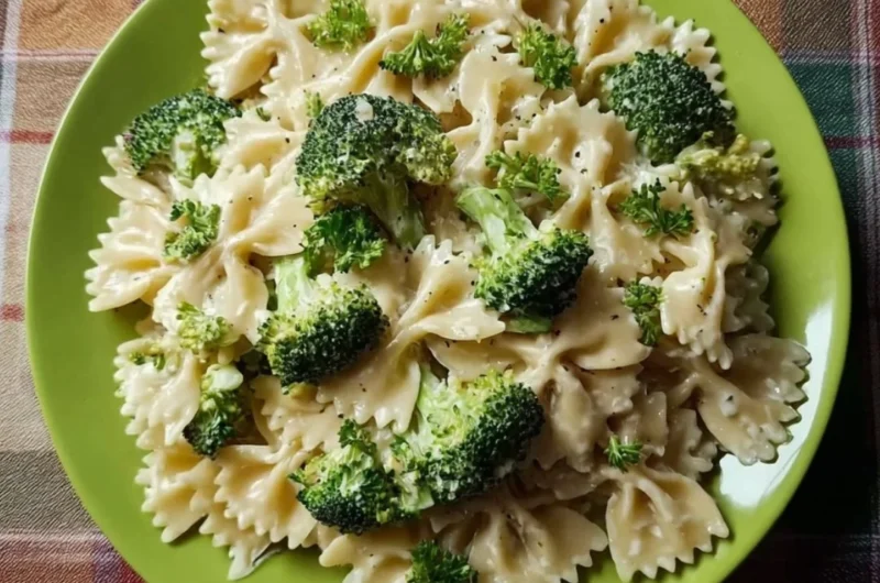 Creamy Broccoli Alfredo Pasta served in a bowl with fresh broccoli