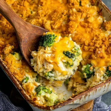 Broccoli cheddar chicken and rice casserole baked to perfection