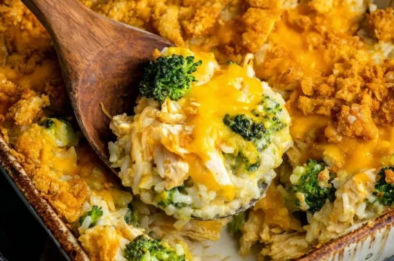 Broccoli cheddar chicken and rice casserole baked to perfection