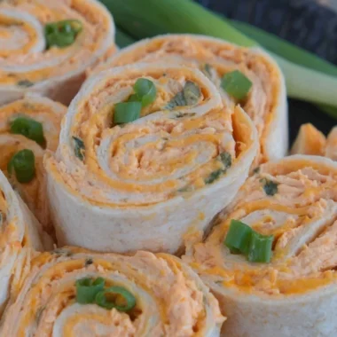 Delicious Buffalo Chicken Pinwheels served on a platter