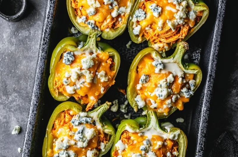 Buffalo Chicken Stuffed Peppers served on a plate with garnishes