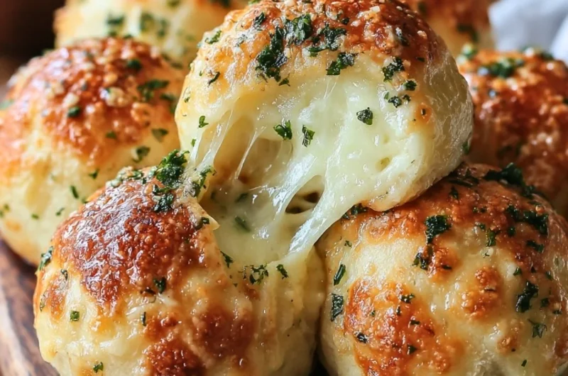 Buttery garlic cheese bombs fresh out of the oven, golden and gooey.