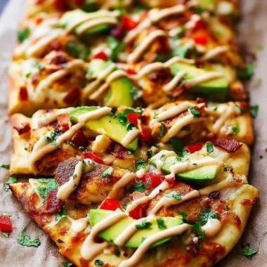 California Chicken Flatbread topped with Chipotle Ranch sauce and fresh ingredients