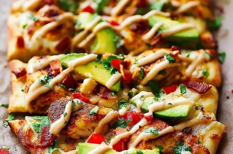 California Chicken Flatbread topped with Chipotle Ranch sauce and fresh ingredients