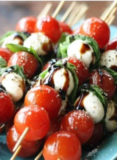 Colorful Caprese Salad Skewers with mozzarella, basil, and cherry tomatoes