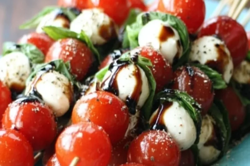 Colorful Caprese Salad Skewers with mozzarella, basil, and cherry tomatoes
