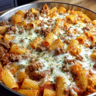 Cheesy baked rigatoni with ground beef in a casserole dish