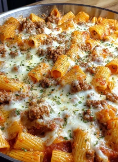 Cheesy baked rigatoni with ground beef in a casserole dish