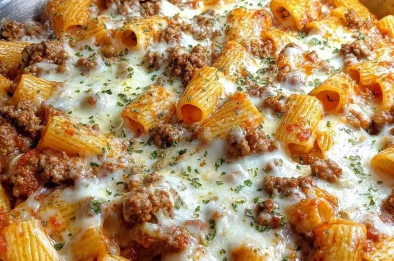 Cheesy baked rigatoni with ground beef in a casserole dish