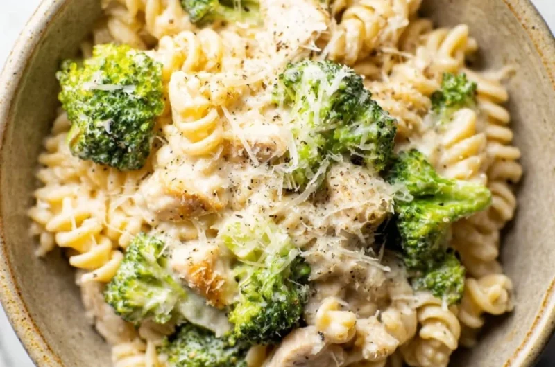 Delicious chicken broccoli pasta dish served in a bowl.