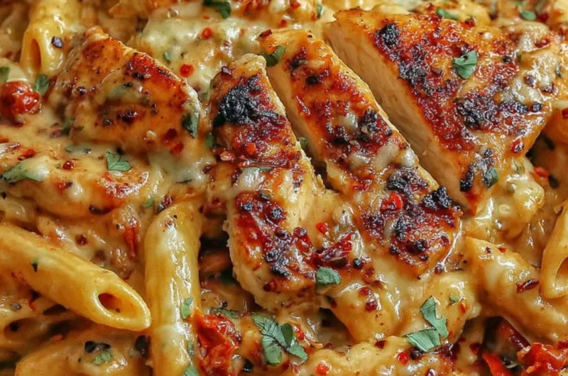 Delicious Chicken Mozzarella Pasta served with basil and Parmesan cheese.