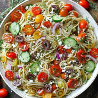 Delicious cold spaghetti salad served in a bowl with fresh vegetables