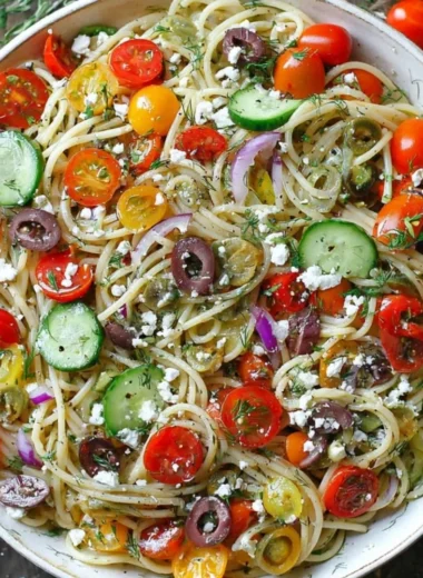 Delicious cold spaghetti salad served in a bowl with fresh vegetables