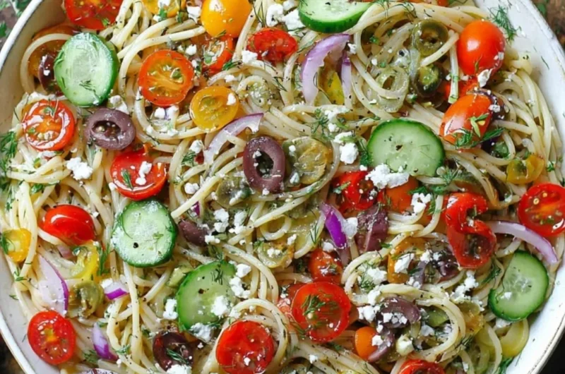 Delicious cold spaghetti salad served in a bowl with fresh vegetables
