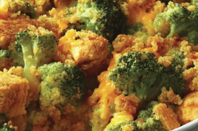 Delicious contest winning broccoli chicken casserole served in a baking dish