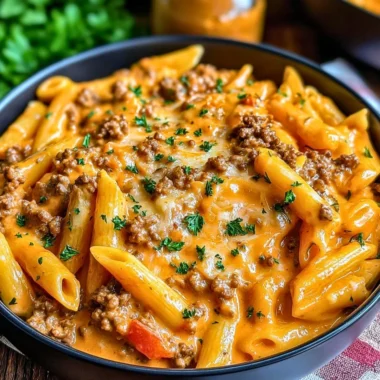 Creamy beef pasta served in a bowl with garnishes