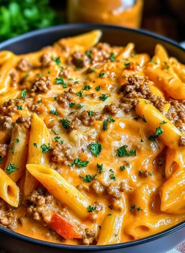 Creamy beef pasta served in a bowl with garnishes