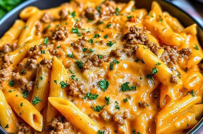 Creamy beef pasta served in a bowl with garnishes