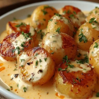Creamy garlic sauce baby potatoes served on a plate, garnished with herbs.