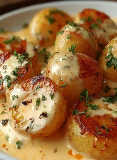 Creamy garlic sauce baby potatoes served on a plate, garnished with herbs.