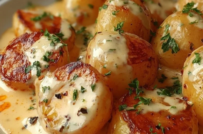 Creamy garlic sauce baby potatoes served on a plate, garnished with herbs.