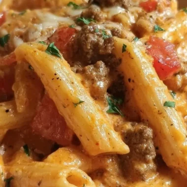 Creamy Rotel pasta dish topped with ground beef and melted cheese