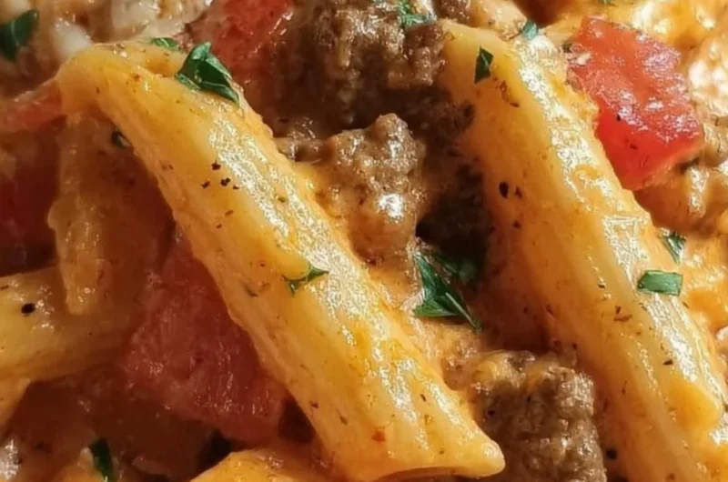 Creamy Rotel pasta dish topped with ground beef and melted cheese