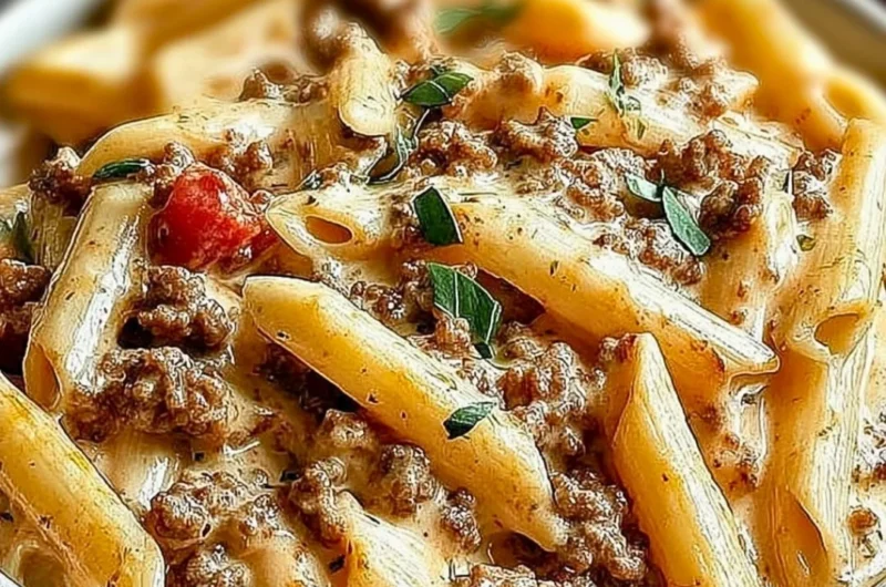 Creamy Rotel pasta dish with ground beef for cozy weeknight meals