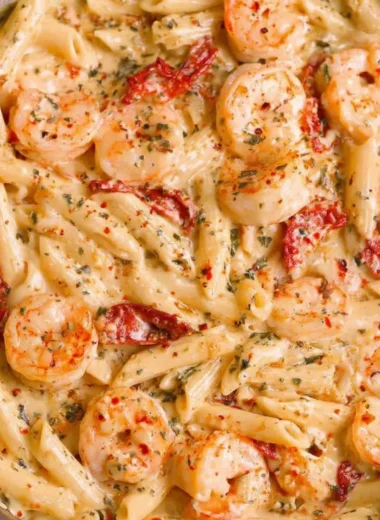 Delicious creamy shrimp pasta garnished with parsley and served in a bowl