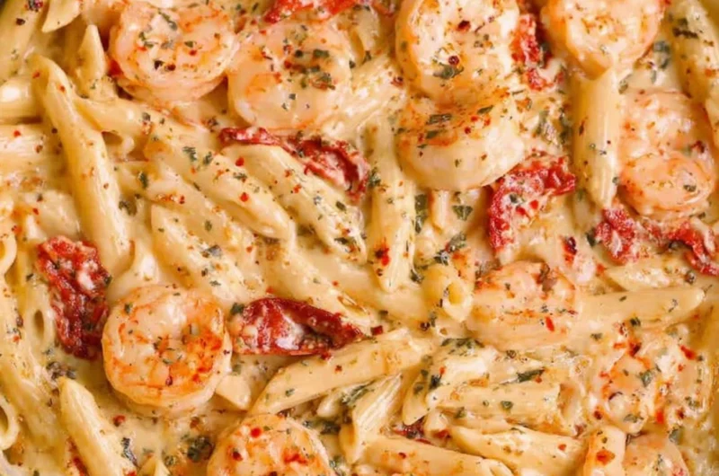 Delicious creamy shrimp pasta garnished with parsley and served in a bowl