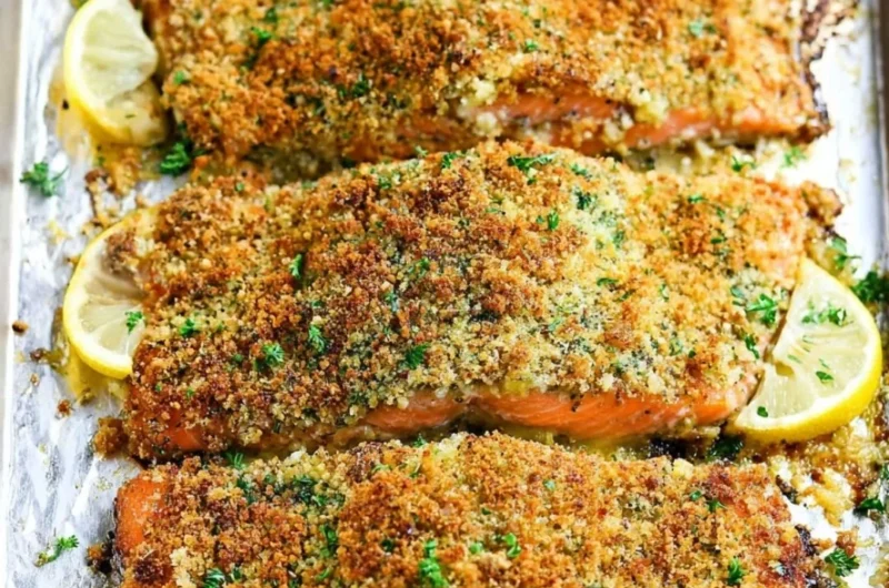 Plate of crispy garlic parmesan salmon garnished with herbs.