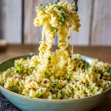 Plate of Easy Italian Broccoli Pasta garnished with Parmesan cheese