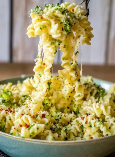 Plate of Easy Italian Broccoli Pasta garnished with Parmesan cheese