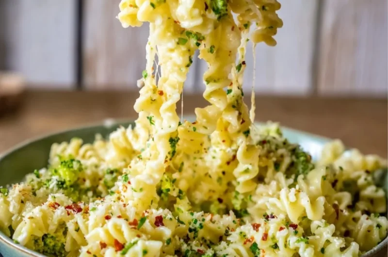 Plate of Easy Italian Broccoli Pasta garnished with Parmesan cheese