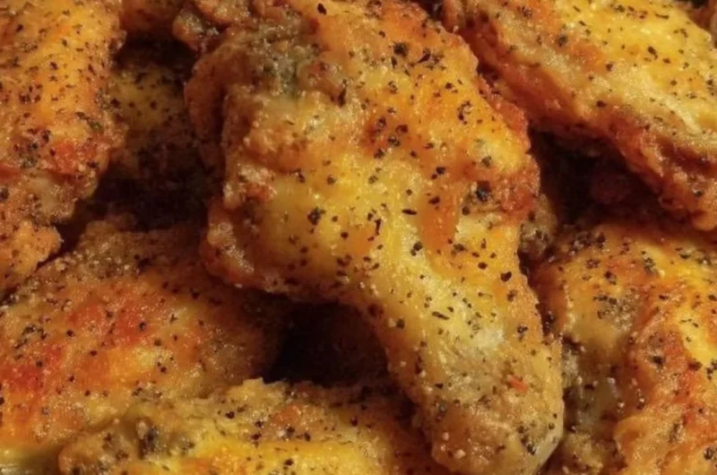 Crispy easy lemon pepper chicken wings garnished with lemon and pepper.