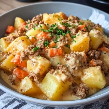 Creamy meat potato skillet cooking in a pan, ready to serve for a quick meal.