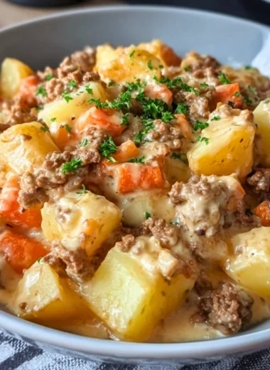 Creamy meat potato skillet cooking in a pan, ready to serve for a quick meal.