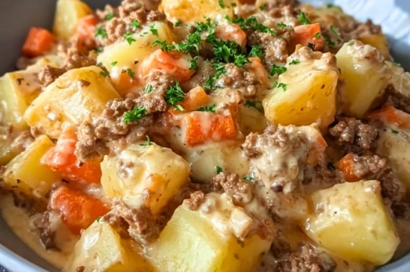 Creamy meat potato skillet cooking in a pan, ready to serve for a quick meal.