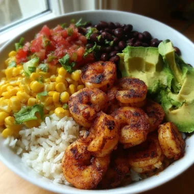 Fiesta Shrimp Rice Bowl with vibrant shrimp and colorful toppings