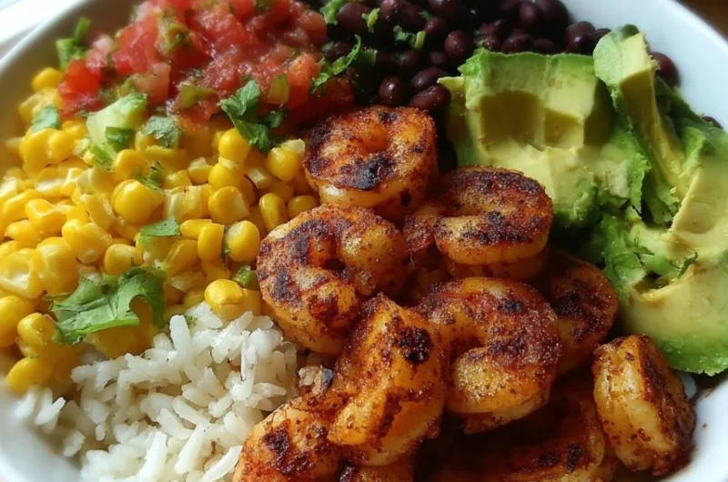 Fiesta Shrimp Rice Bowl with vibrant shrimp and colorful toppings