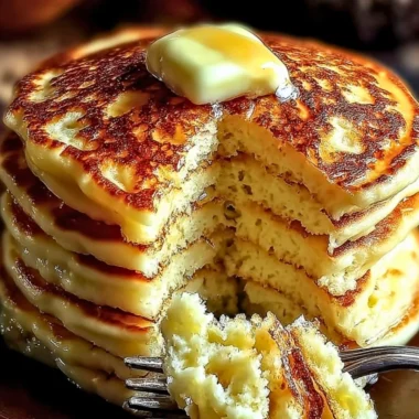 Flourless cottage cheese pancakes stacked on a plate with syrup.