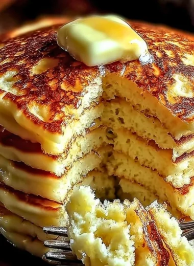Flourless cottage cheese pancakes stacked on a plate with syrup.