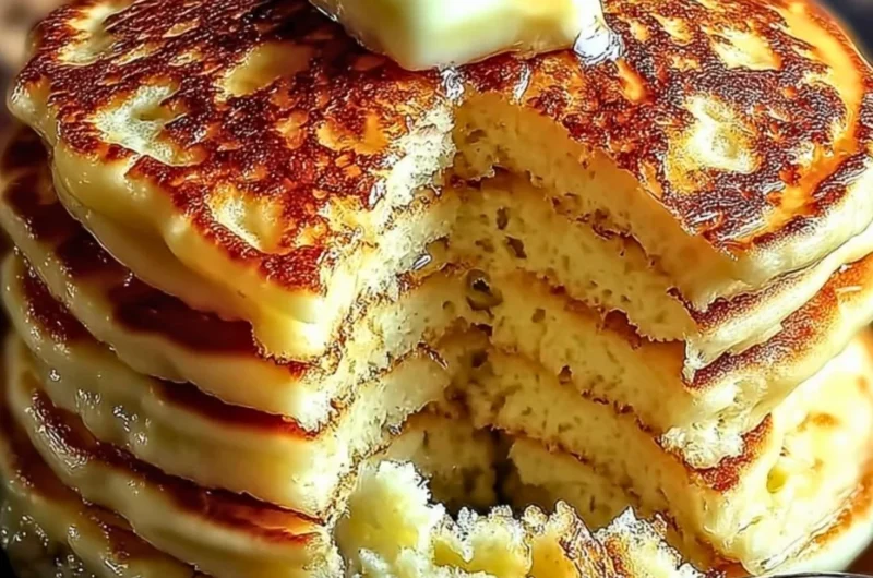 Flourless cottage cheese pancakes stacked on a plate with syrup.