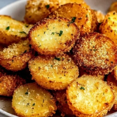 Delicious garlic parmesan crusted potatoes in a serving dish