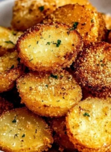 Delicious garlic parmesan crusted potatoes in a serving dish